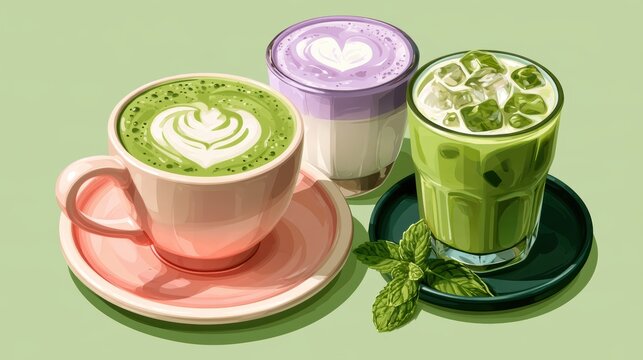 Ube and Matcha drink on white background,Iced Ube Latte,and matcha latte,PopularTrendy Purple Coffee Shop,plant based recipes,superfood,menu and banner,Healthy and wellness concept.