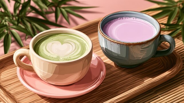Ube and Matcha drink on white background,Iced Ube Latte,and matcha latte,PopularTrendy Purple Coffee Shop,plant based recipes,superfood,menu and banner,Healthy and wellness concept.
