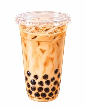 Bubble Milk Tea with Glossy Tapioca Pearls and Ice. A hand painted illustration of a chilled bubble milk tea in a transparent cup with a fully sealed lid. On a clean white background. No shadows.