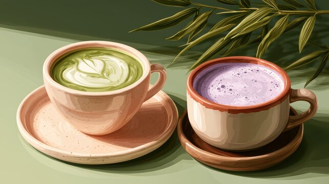 Ube and Matcha drink on white background,Iced Ube Latte,and matcha latte,PopularTrendy Purple Coffee Shop,plant based recipes,superfood,menu and banner,Healthy and wellness concept.
