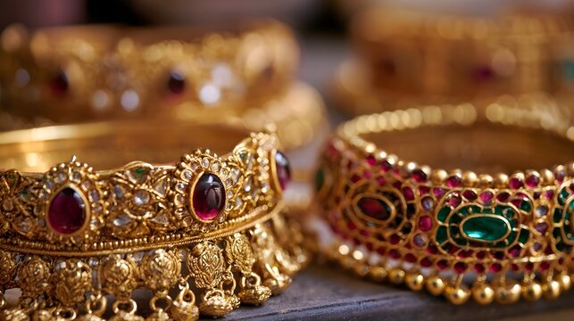 Golden bangles adorned with red and green gemstones  showcasing intricate traditional Indian jewelry craftsmanship