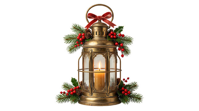 Vintage brass lantern with lit candle and christmas greenery isolated on transparent background png.