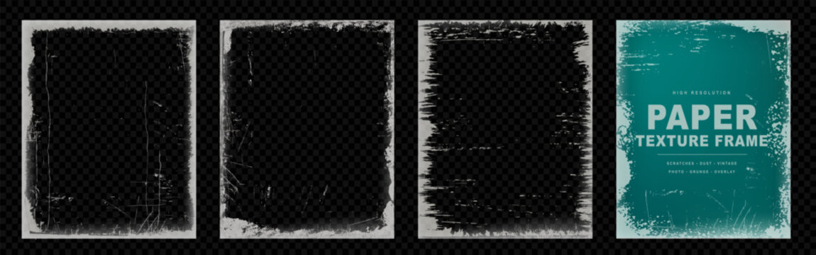 Set of distressed grunge paper texture frames with rough scratched edges, torn borders and transparent centers, ideal for overlays, posters, backgrounds and vintage graphic design.