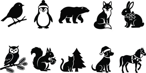 Fototapeta premium Winter Wildlife Animals Forest Fauna Polar Bear Penguin Fox Hare Owl Christmas Dog Silhouette Icon Collection
