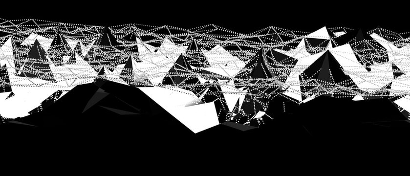 Striking monochrome abstract digital landscape with interconnected geometric forms