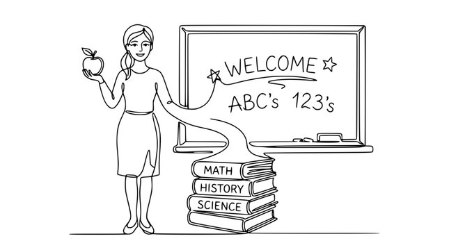Teacher with Apple and Books near Chalkboard - Welcome ABCs 123s