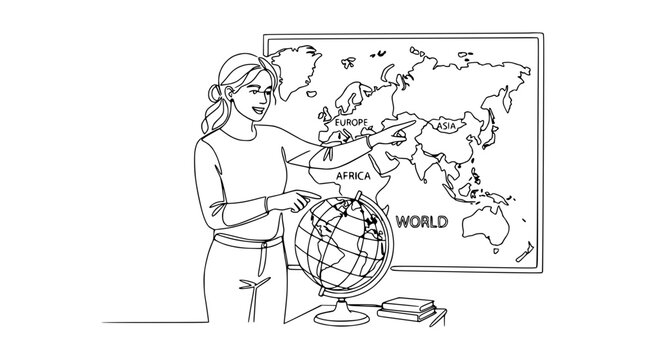 Teacher points to world map and globe, explaining geography lesson