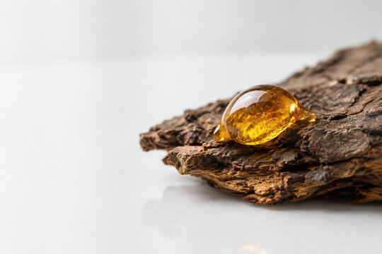 Golden copal resin drop on tree bark against white surface.