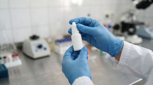 Scientist in blue gloves holding blank white eye dropper bottle in pharmaceutical laboratory concept of medicine packaging mock up, clinical research, and drug development