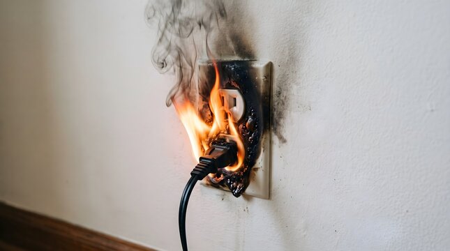 Burning electrical outlet with fire and smoke, short circuit in power socket on white wall, dangerous house fire hazard from faulty wiring