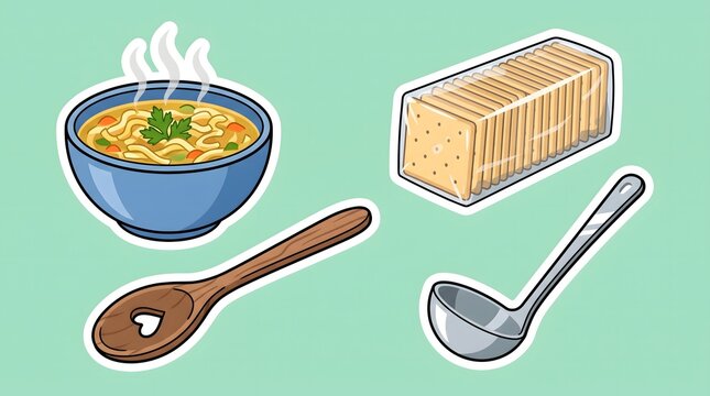 Cartoon vector stickers of hot noodle soup with crackers and spoons