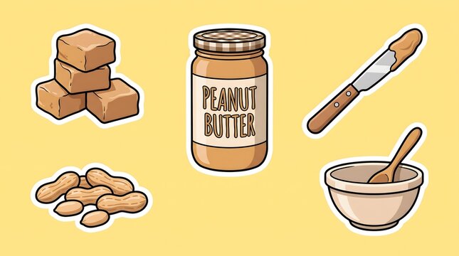 Peanut Butter Jar, Peanuts, Caramel Candy, and Spreader Knife Cartoon Illustration.