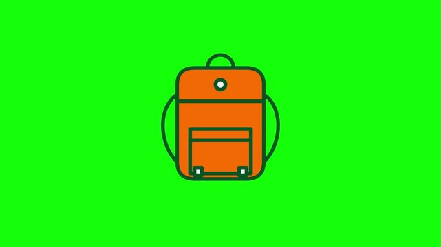 Orange backpack icon for 2D animation and educational graphics, featuring a minimalist flat design with dark green outlines, isolated on a bright green background for easy keying.