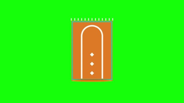 Animation icon of an orange Islamic prayer rug with a white mihrab arch and diamond patterns, isolated on a bright green background for chroma key video editing and motion design.