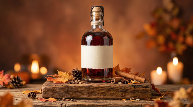 Glass bottle with blank label on wooden board surrounded by autumn decorations