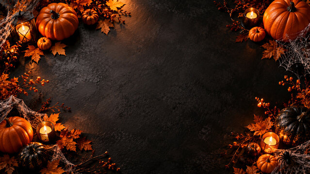 Dark Halloween flat lay background framed with pumpkins, autumn leaves, candles and delicate spider webs with large central copy space