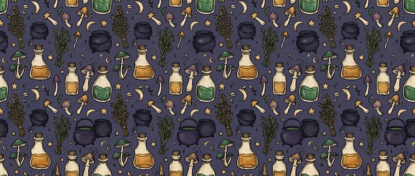Witchy Seamless Pattern with Potion Bottles, Cauldron and Mushrooms