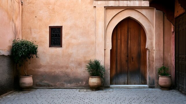 A traditional arched wooden door set in a weathered terracotta wall  flanked by potted plants on a stone paved courtyard