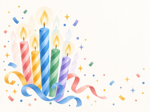 Colorful lit birthday candles surrounded by festive confetti on a clean white background with generous copy space.