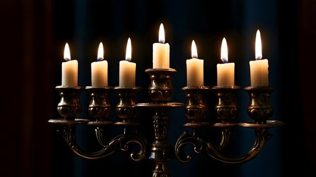 A traditional menorah with seven lit candles  glowing warmly against a dark background  showcasing ornate metalwork and soft light