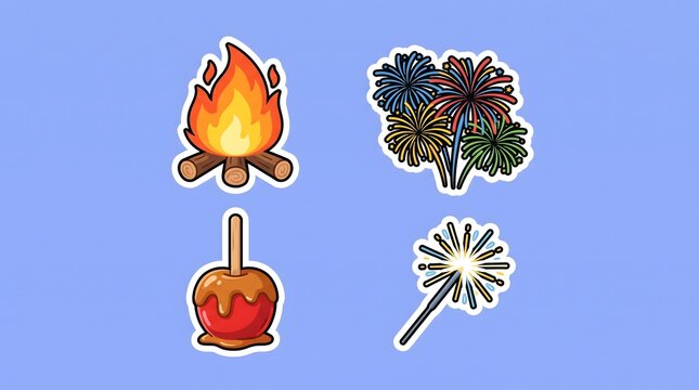 Cute Cartoon Bonfire Night Sticker Set with Campfire Fireworks Caramel Apple and Sparkler Icons