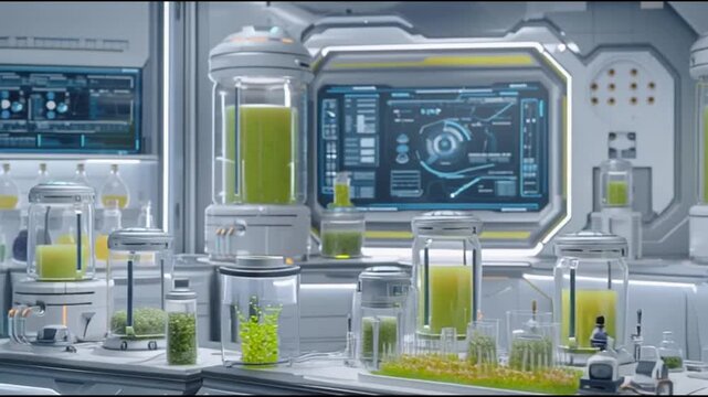 Futuristic biotechnology laboratory processing green nutrient liquid