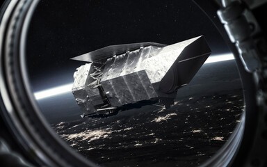 Fototapeta premium Roman Space Telescope Above Earth Seen Through a Spacecraft Window, 3D Illustration