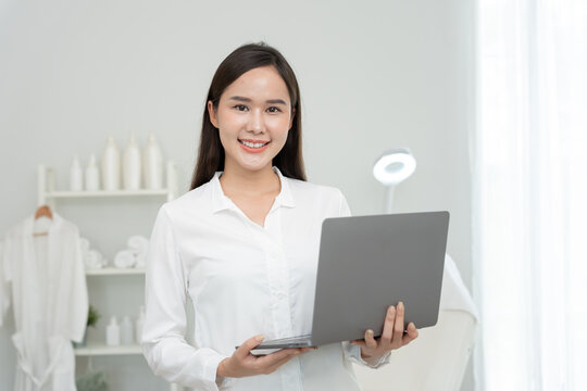 Beauty clinic, Portrait specialist beauty woman for VIP customer, white room with a bed and a chair. room is clean and well organized, health care, dermatology, style, wellness, cosmetology