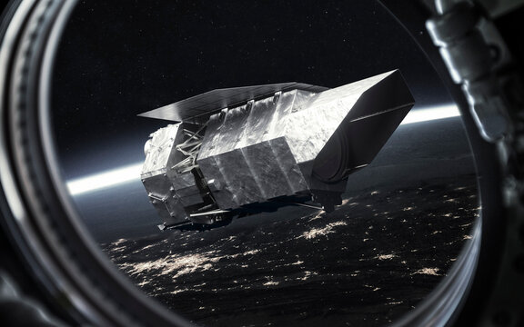 Roman Space Telescope Above Earth Seen Through a Spacecraft Window, 3D Illustration