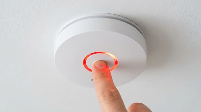 Person pushing button on smart smoke detector on white ceiling
