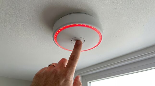Person testing smart smoke detector on ceiling with red warning light