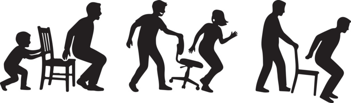 Black silhouette of people pulling chairs away from others as a prank in various settings with different types of chairs and people