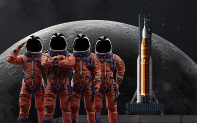 Fototapeta premium Four Astronauts in Orange Spacesuits with a Rocket and the Moon, 3D Illustration