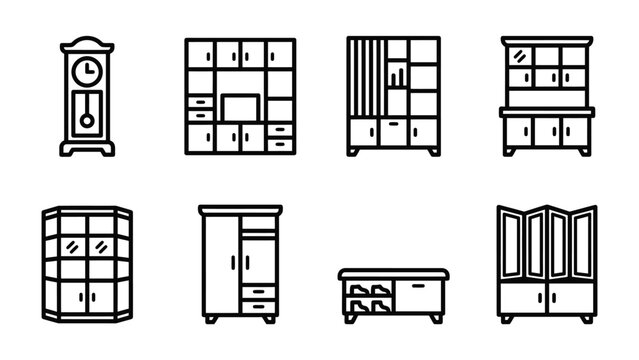 A Set of Furniture Icons: Collection of various furniture icons in a linear outline style, including a grandfather clock, cabinet, bookshelf, display cabinet, wardrobe, shoe rack, and folding screen.