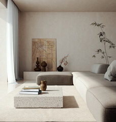 Fototapeta premium 3D rendering, 3d illustration, Large Luxury modern living room interior, brutalist architecture realistic lighting, Graphic Overlay wide angle, contemporary furniture, clean lines, minimalist decor,