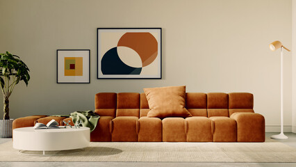 Fototapeta premium 3D rendering, 3d illustration, Large Luxury modern living room interior, brutalist architecture realistic lighting, Graphic Overlay wide angle, contemporary furniture, clean lines, minimalist decor,