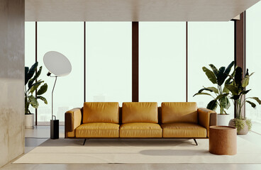 Obraz premium 3D rendering, 3d illustration, Large Luxury modern living room interior, brutalist architecture realistic lighting, Graphic Overlay wide angle, contemporary furniture, clean lines, minimalist decor,