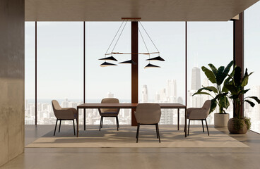 Obraz premium 3D rendering, 3d illustration, Large Luxury modern living room interior, brutalist architecture realistic lighting, Graphic Overlay wide angle, contemporary furniture, clean lines, minimalist decor,