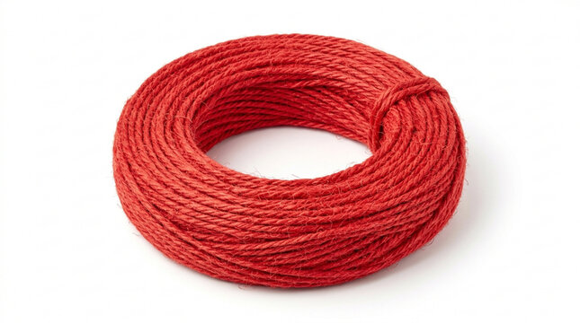 A neat coil of vibrant red string or jute twine rope isolated on a clean white background representing crafts, packaging, sewing, and DIY handmade hobby materials