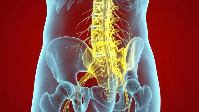 3D Medical Illustration of Glowing Human Spine and Nervous System within a Translucent Body on a Deep Red Background