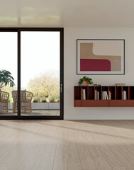 Obraz premium 3D rendering, 3d illustration, Large Luxury modern living room interior, brutalist architecture realistic lighting, Graphic Overlay wide angle, contemporary furniture, clean lines, minimalist decor,