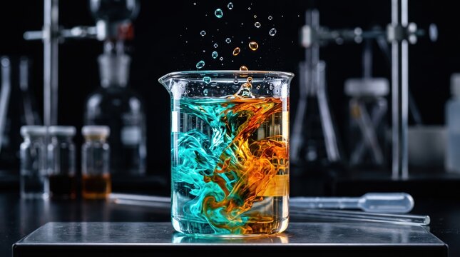 Vibrant Liquid Chemistry Experiment with Brilliant Colors and Splashing Droplets in Laboratory