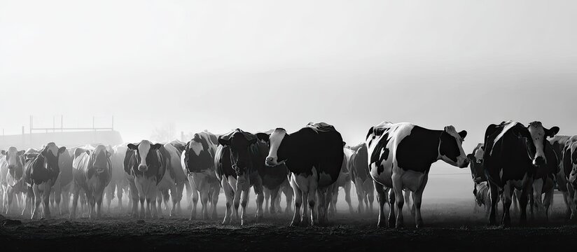 Black and White Cows Herd Grazing in Misty Pasture Under Overcast Sky