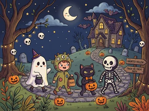 Tiny footsteps wander along the cobblestone path beneath a smiling crescent moon. Pumpkins glow with quiet warmth, welcoming brave little souls to the heart of the autumn night. A charming celebration