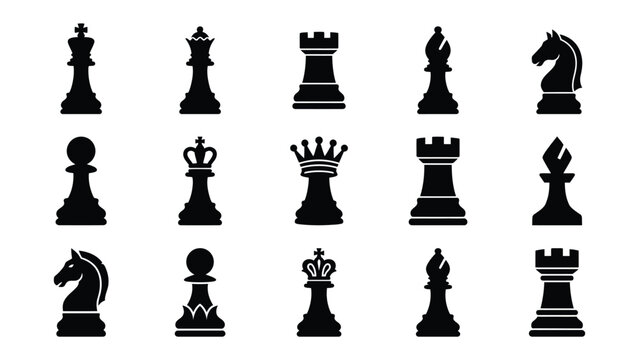 Chess Pieces Silhouette: A collection of classic black chess pieces, including kings, queens, rooks, bishops, knights, and pawns, displayed in a stark silhouette against a plain background.