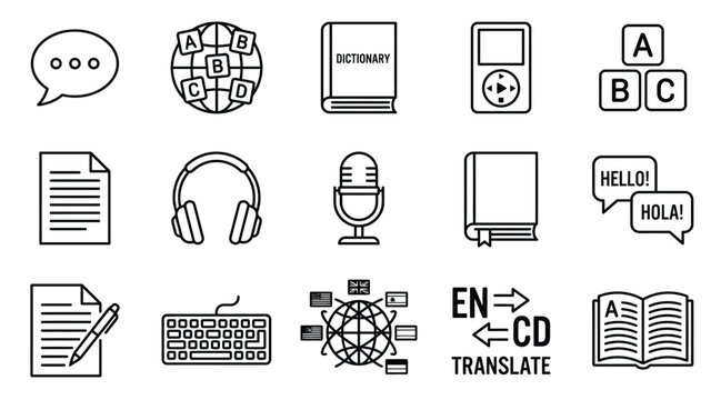 Minimal line art language learning icon set, black outline translation icons, education vectors for mobile apps