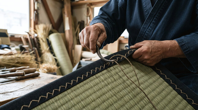 Tatami master hands stitching dark fabric border with curved needle