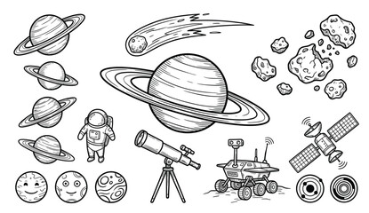 Outer space vector icons collection, hand drawn astronomy outline doodles, black and white coloring page elements, solar system cosmic clipart set © KashifMasih