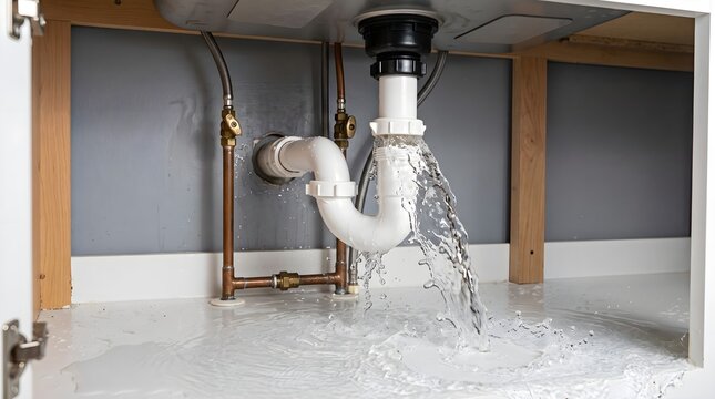Leaking kitchen sink pipe with water spraying inside cabinet, broken plumbing drainage system, domestic water damage and home emergency repair concept