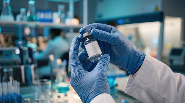 Lab Technician Holding Glass Vial with Blank Label in Scientific Research Environment